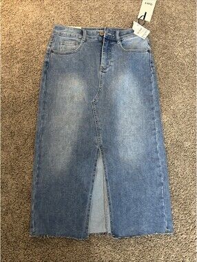 OAT New York Women's Light Wash Mid Length Blue Denim Jean Slit Skirt Size 25
